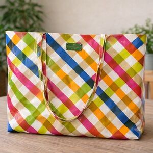 Kate Spade NY Multicolor Plaid Patent Shopper Purse Tote Bag
